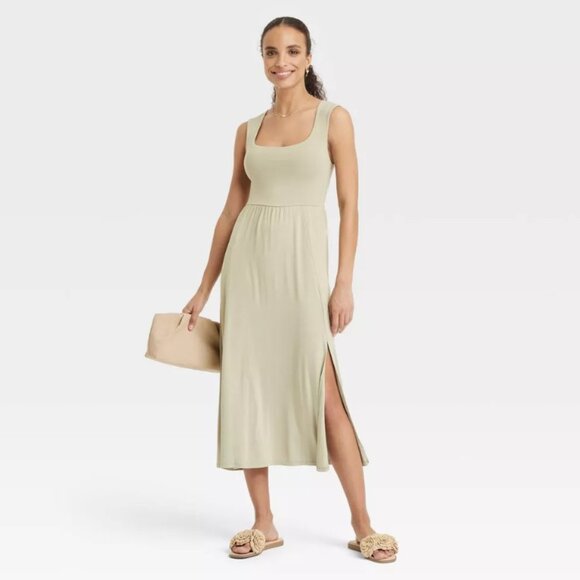 A New Day Sage Olive Green Sleeveless Midi Pockets Slit Dress 4X Butter Soft NWT - Picture 4 of 4